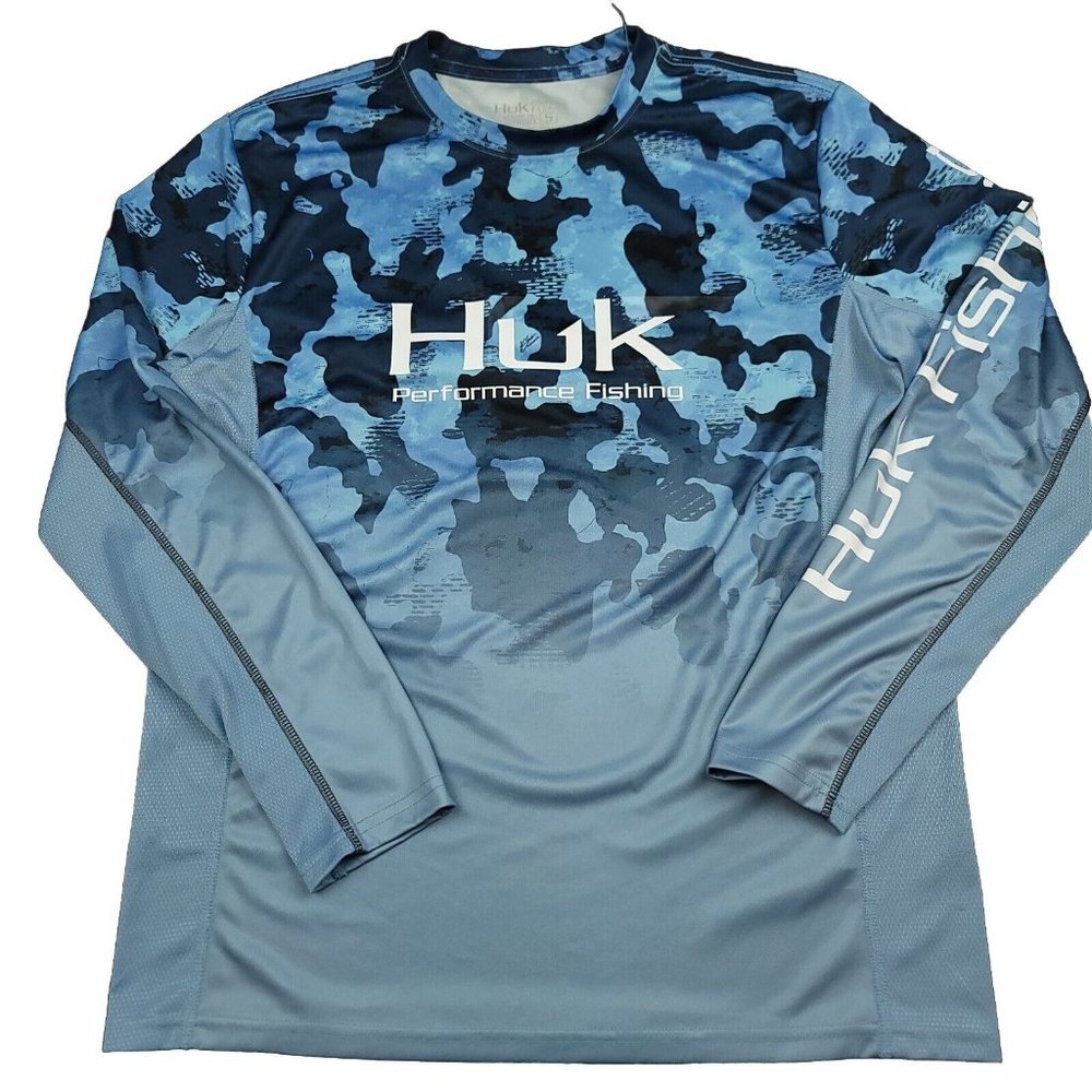 HUK Mens S Performance Fishing Shirt Angler Small Blue Camo Long Sleeve Mesh‎